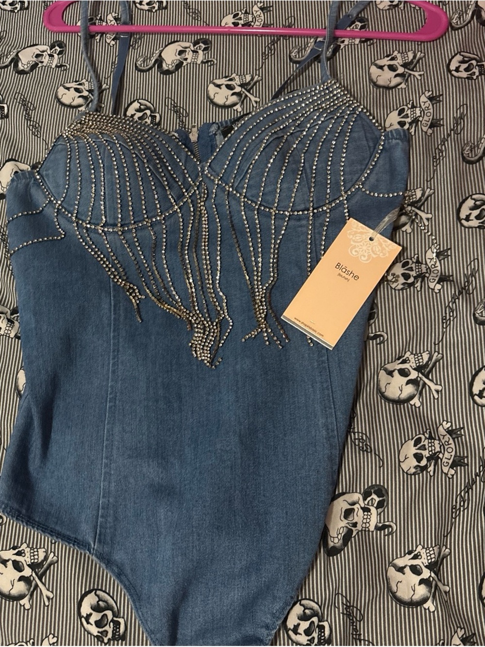 8 Other Reasons Denim Blue Rhinestone Embellished Spaghetti Strap Bodysuit